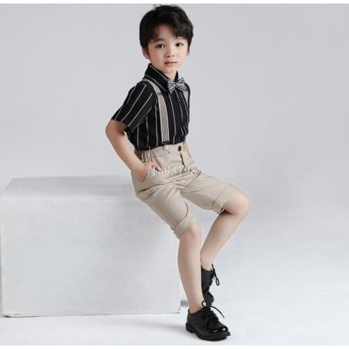 Childrens Striped Clothing Set 2021 Summer Boy Striped Short-sleeved Bib Shorts Outfits Kids Chorus Host Performance Costume
