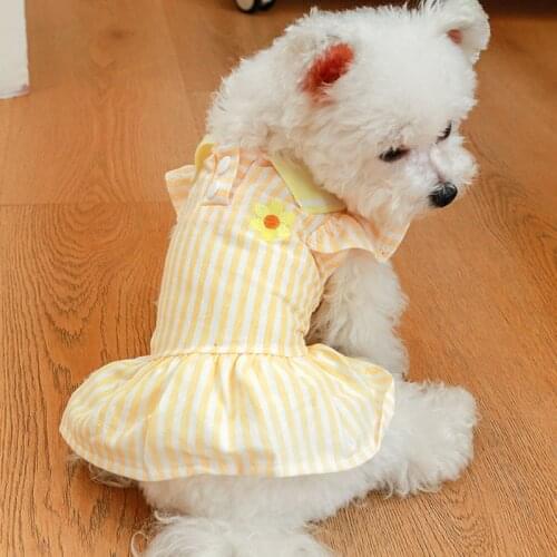Yellow Strips Dog Dress Summer Flying Sleeve Pet Cat Clothes Daisy Tshirt Tutu Skirt Cat Dresses For Small Dogs Chihuahua Yorkie