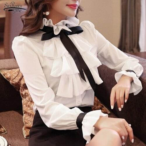 Autumn Chiffon Solid Shirt Women Office Cardigan Ruffle Women Blouse 2021 Flare Long Sleeve Bow White Ladies Clothing 11101