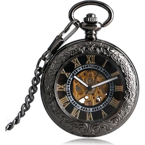 Luxury Mechanical Pocket Watch Mens Carving Transparent Glass Cover Winding Fashion Automatic Steampunk Exquisite Fob Watch Gift
