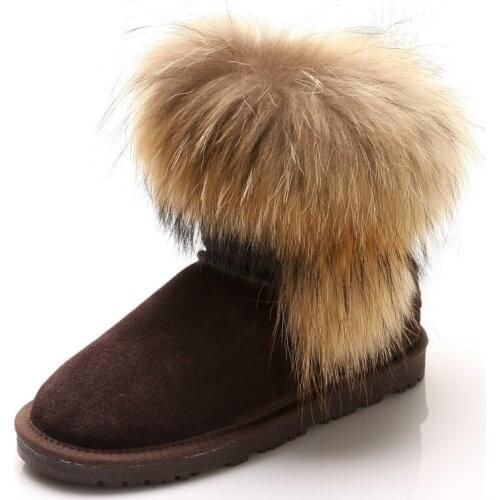 Genuine Leather Thick Plush Inside Snow Boots Fox Fur 2020 Warm Women Snow Boots Woman Flats Snow Boots Women Winter Boots