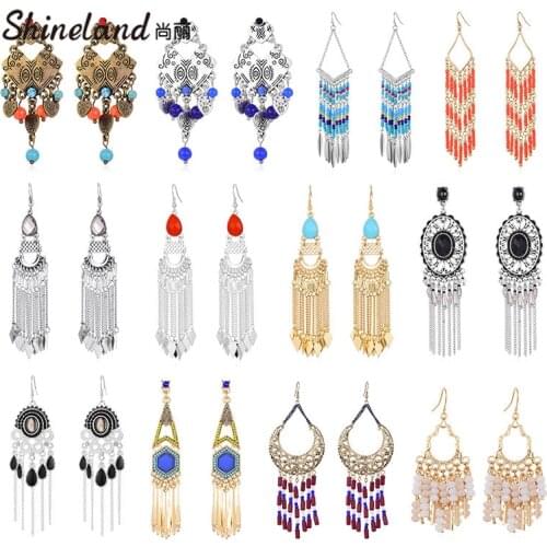 Shineland Bohemain Long Tassel Beads Drop Dangle Earrings Vintage Statement Ethnic Maxi Brincos for Women Gift Cheap Wholesale