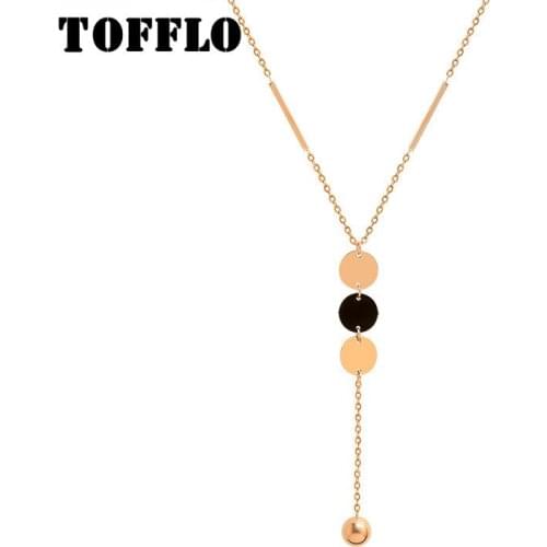 TOFFLO Stainless Steel Jewelry Two Color Disc Geometry Steel Ball Tassel Necklace Womens Long Sweater Chain BSM039