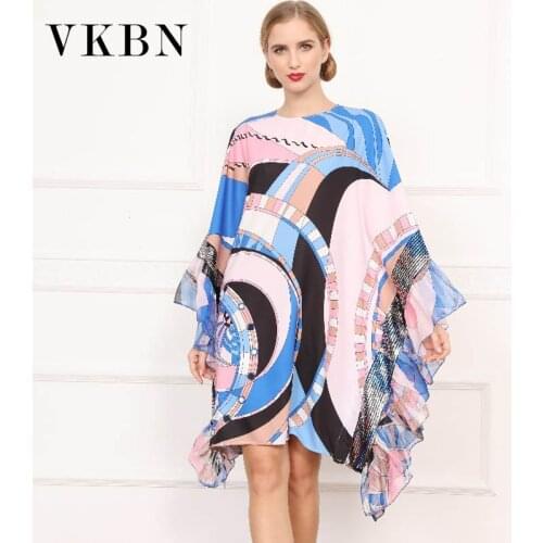VKBN Spring Autumn Women Dress Up Fashion Printing Knee Length Geometric Printing Dresses Woman Party Night Indie Folk