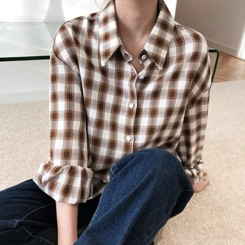 2020 Vintage Plaid Turn Down Collar Tops And Blouses Women Spring Cotton Shirts Blusas Roupa Feminina Clothes