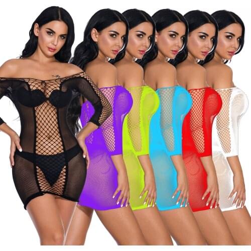 Candiway Plus Size Sexy Cross Strappy Front Design Elastic Hollow Mesh half Sleeve Hanging Neck Backless Mini Package Hip Skirt