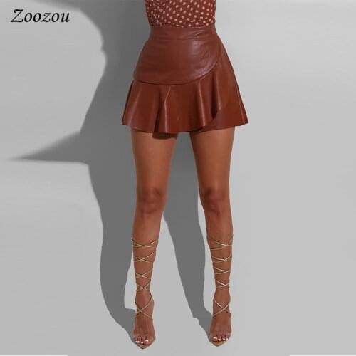 Womens High Waist PU Leather Mini Skirts Short Pleated Skirt Skater A-Line Skirts Summer Women Casual Solid Color Sexy Style