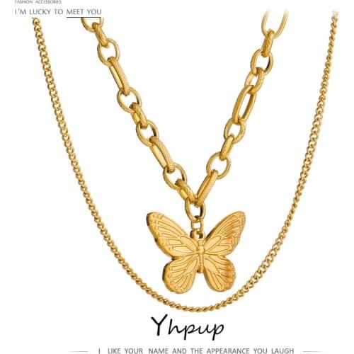 Yhpup 2021 Stainless Steel Butterfly Pendant Neckalce Double Layered Jewelry Gold 18 K Collar Necklace for Women Party Gift