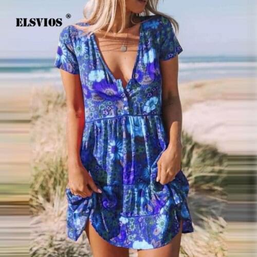 Printed Short-Sleeve Loose Waist Pleated Dress Women Sexy Deep V-Neck Button Party Clothes Summer Casual Fashion Lady Streetwear