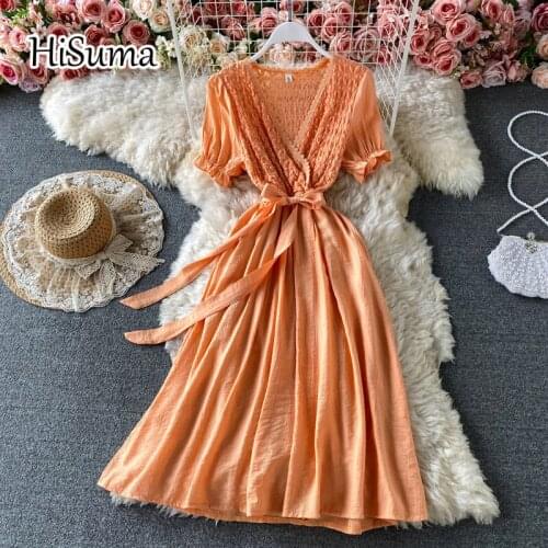 2021 summer new women deep v-neck short sleeve ruffles chiffon A-line dress female Chic elegant lace-up waist dresses