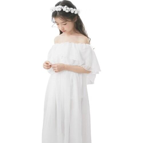 White chiffon fairy long dress vintage gown christmas dress age for 4-16 yrs teenage graduation prom summer autumn ruffle frocks