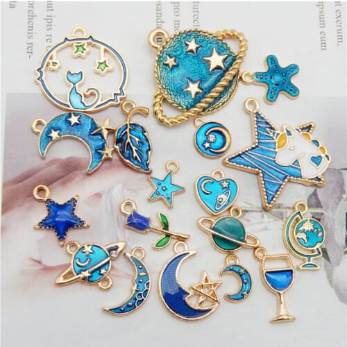 Julie Wang 10PCS/Pairs Enamel Dark Blue Charms Random Mixed Star Moon Planet Leaves Pendants Alloy Jewelry Making Accessory