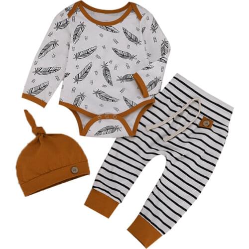 2019 Infant Kids Baby Boys Girls Feather Clothes Set Toddler Autumn Outfit Cotton Bodysuit Stripe Pants Hat 3pcs Autumn