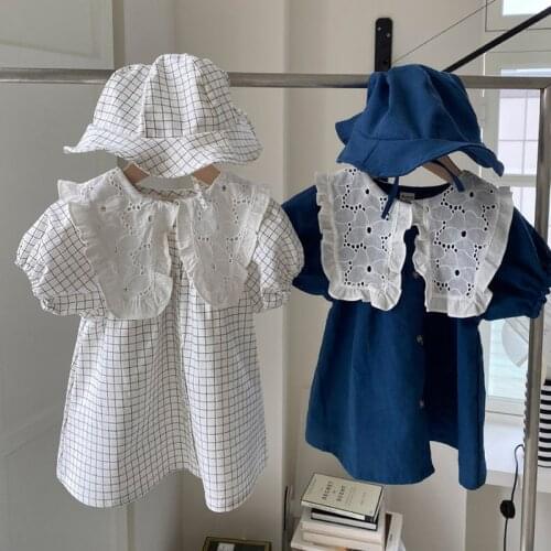 2021 Summer Girls Dress Kids Cotton Linen One Piece Dresses Childrens Clothing Plaid&Blue Baby Girl Clothes Outfits With Hat