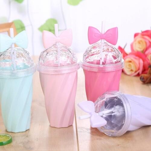 400ML Lovely Straw Cup Cold Drink Cup Plastic With Bow Lid Straw Cup Bottle High Quality Home Office School Gift Drinkware #A