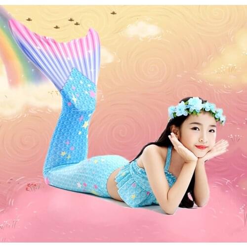 9 Colorful Mermaid Tail Costumes Kids Grils 3-12 Years Swimsuit Mermaid with Monofin Bra Shorts Garland Necklace for Sale C40A45