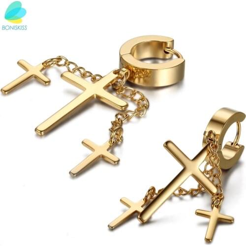 BONISKISS 2020 Women Fashion Earring Unisex Vintage Stainless Steel Cross Dangle Earrings Men Cross Women Hoop Earrings Jewelry