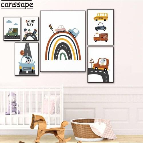 Baby Car Track Wall Art Poster Painting Elephant Cartoon Animal Print Nursery Canvas Posters Nordic Kids Boy Room Decor Picture