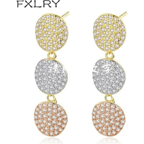 FXLRY High Quality White Color Mirco Paved Cubic Zircon Drop Earrings Multicolor Three Round Classic and Luxury Women Jewelry E