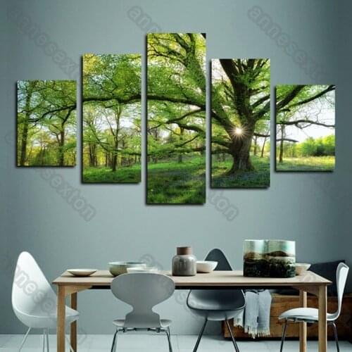 5 Pieces Hd Printed Canvas Painting Big Green Tree Through A Ray of Sunlight Posters and Prints for Home Rooms Wall Decoration