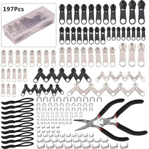Hot 86pcs/197pcs Zipper Slider Kit Lock Zipp Replacement Repairs Jacket Zipper Head Pull Metal Install Pliers Tools with Storage
