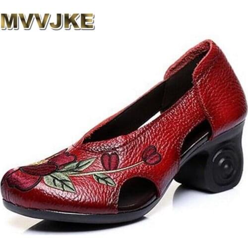 MVVJKE Cowhide Embroidery Women Fashion Shoes High Heel Shoes 2018 new Hollow Cow Leather Shoes Woman Fashion Sandals High Heels