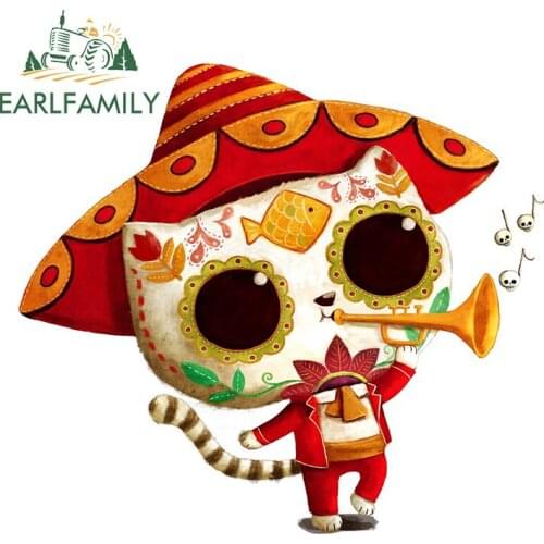 EARLFAMILY 13cm x 11.8cm for The Day of the Dead Cute Cat Decal Funny Car Stickers Refrigerator Windshield Waterproof Sunscreen