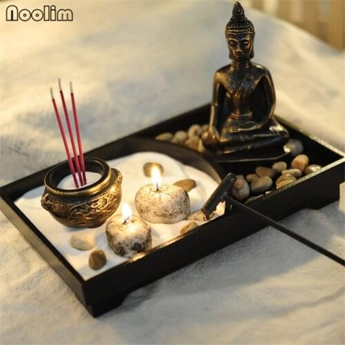 NOOLIM Resin Buddha Statue Zen Meditation Peaceful Relax Home Teahouse Decor Set Spiritual Garden Sand Tray Kit Incense Burner