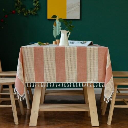Nordic Orange Striped Tablecloth Classic Embroidered Cotton Linen Tassel Dining Table Cloth Rectangle Table Cover for Home Party