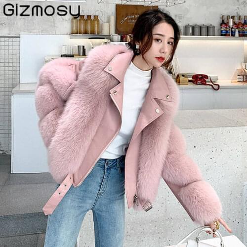 Gizmosy 2021 New Full Leather Imitation Fox Fur Coat Women Winter Locomotive Thick Casual Faux Fur Jacket Female Luxury Outwear