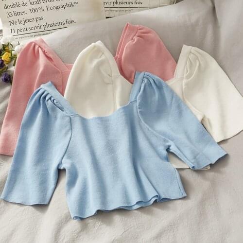 Pearl Diary Women Knitted Crop Tops Spring Summer Half Sleeve Solid Color Slim Fit Basic Tops French Style Elegant Short Tops