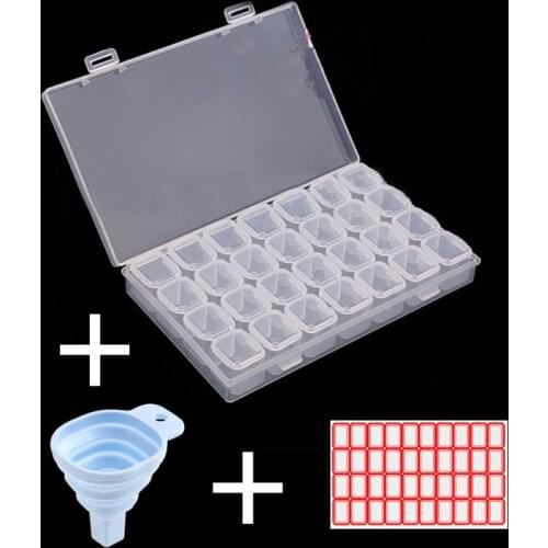 28 Cells Plastic Storage Box Stickers and Funnel for Diamond Painting Accessories Tools Container Box Holder Diamond Painting