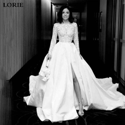 LORIE Satin Wedding Dress Full Sleeve Top Lace Princess Bride Dress Sexy Side Split Boho Backless Long Vestido de novia 2019
