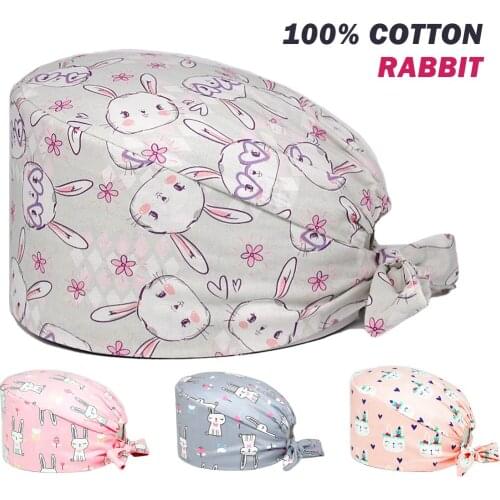 Adjustable Surgicals Hats Cotton Rabbits Printing Nursing Hat Tie Back Beauty Salon Pet Shop Lab Working Scrub Cap for Women Men