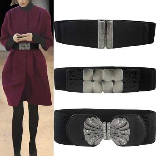 Hot Sale Long New Elastic Brand Wide Belts Simple Down Coat Waist Belt Female Buckle Black Strap Dress Decoration Accessories