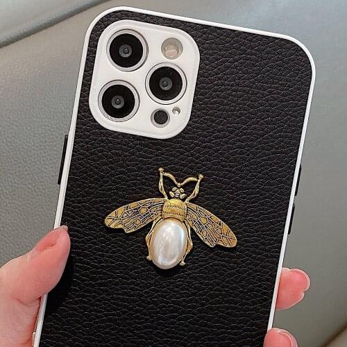 Luxury Leather Pattern 3D Pearl Bee Phone Case For iPhone 11 12 Pro Max X XR XS 7 8 Plus Fashion Brand Designer Soft TPU Cover