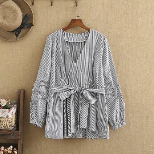 Plus Size Shirts For Women Spring Fashion V-Neck High Quality Vertical Stripe Waist Strap Design Loose And Fat Springs Clothing