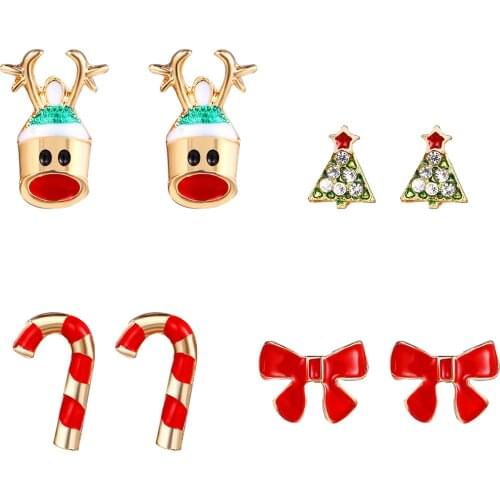 4 Pairs/Lot Cartoon Christmas Elk Crutch Bow Stud Earrings For Women Girls Rhinestone Christmas Tree Ear Stud Xmas Jewelry Gifts