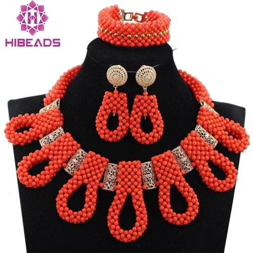 African Wedding Coral Bib Necklace Set Princess Women Coral Jewellery Set Dubai New Bridal Bead Set Free Shipping CNR789