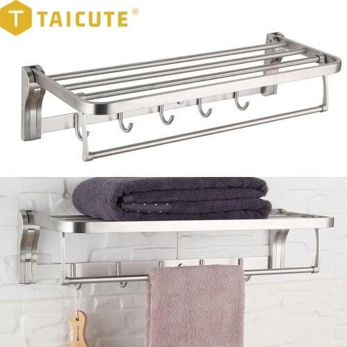 TAICUTE 2021 Bathroom Towel Rack Shelf with Hooks Movable Bar SUS 304 Stainless Steel Holder Wall Mount Heavy Duty Accessories