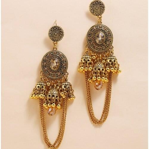 Vintage Golden Handmade Beads Big Fan Tassel Indian Jhumki Jhumka Earrings Bohemia Arab Middle East Statement Party Jewelry