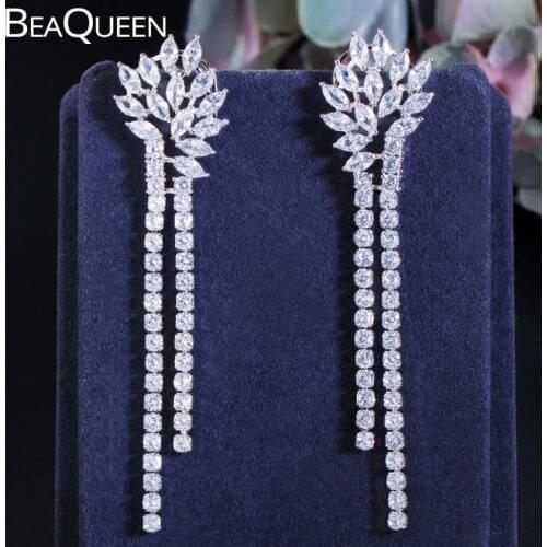 BeaQueen Elegant Dangle Hanging Cubic Zirconia Long Drop Earrings Ear Line for Women Tassel Jewelry Wedding Accessories E410
