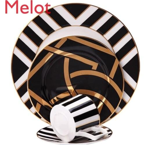 High Quality Ceramic Dinnerware Gold Black Plate Set White Stripe Plates Tableware With Coffee Cup Plates Sets Dinnerware
