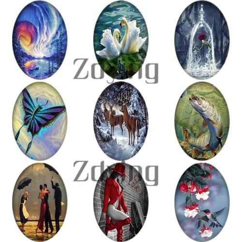 Zdying 10pcs/lot Oval Shape Animal landscape Fish Flower Photo DIY Glass Cabochons Domed Demo Flat Back Jewelry Findings