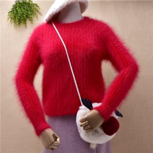 Ladies women fashion hairy fluffy christmas red mink cashmere knitting slim blouses pullover angora fur jumper sweater pull tops
