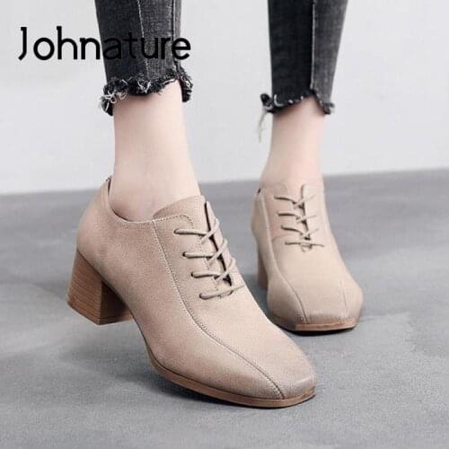 Johnature Pumps Women Shoes 2020 New Autumn Retro Genuine Leather Round Toe Casual Lace-up Shallow High Heels Ladies Shoes