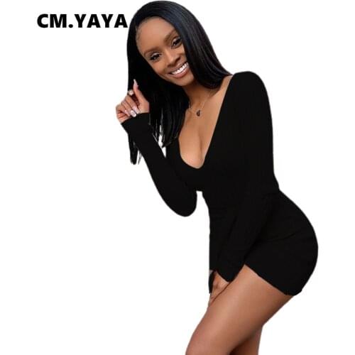 CM.YAYA Women Playsuit Solid Full Sleeve V-neck Bandage Sashes Stretchy Bodycon Playsuits Casual Rompers One Piece Overalls Fall