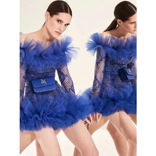 Chic Blue Mini Dress sparkly Sequins long sleeve Cascading Ruffles Sexy Off Shoulder Celebrity Party Club birthday dress women