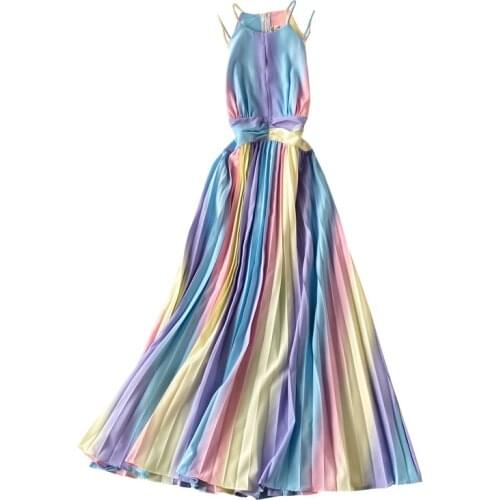 New Summer Women Sexy Halter Spaghetti Strap Long Dress High Quality Fashion Gradient Rainbow Color Pleated Hem Runway Dress