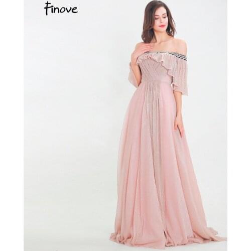 Finove Prom Dress 2020 Long New Pleat Sparkle Crystal Materials Sexy Off The Shoulder Chic Party Woman Dress vestido de fiesta